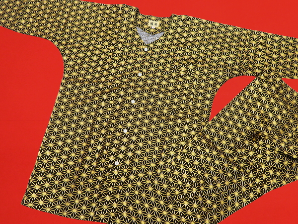 義若オリジナル鯉口シャツ、ダボシャツ　金彩麻の葉紋様（黒金）